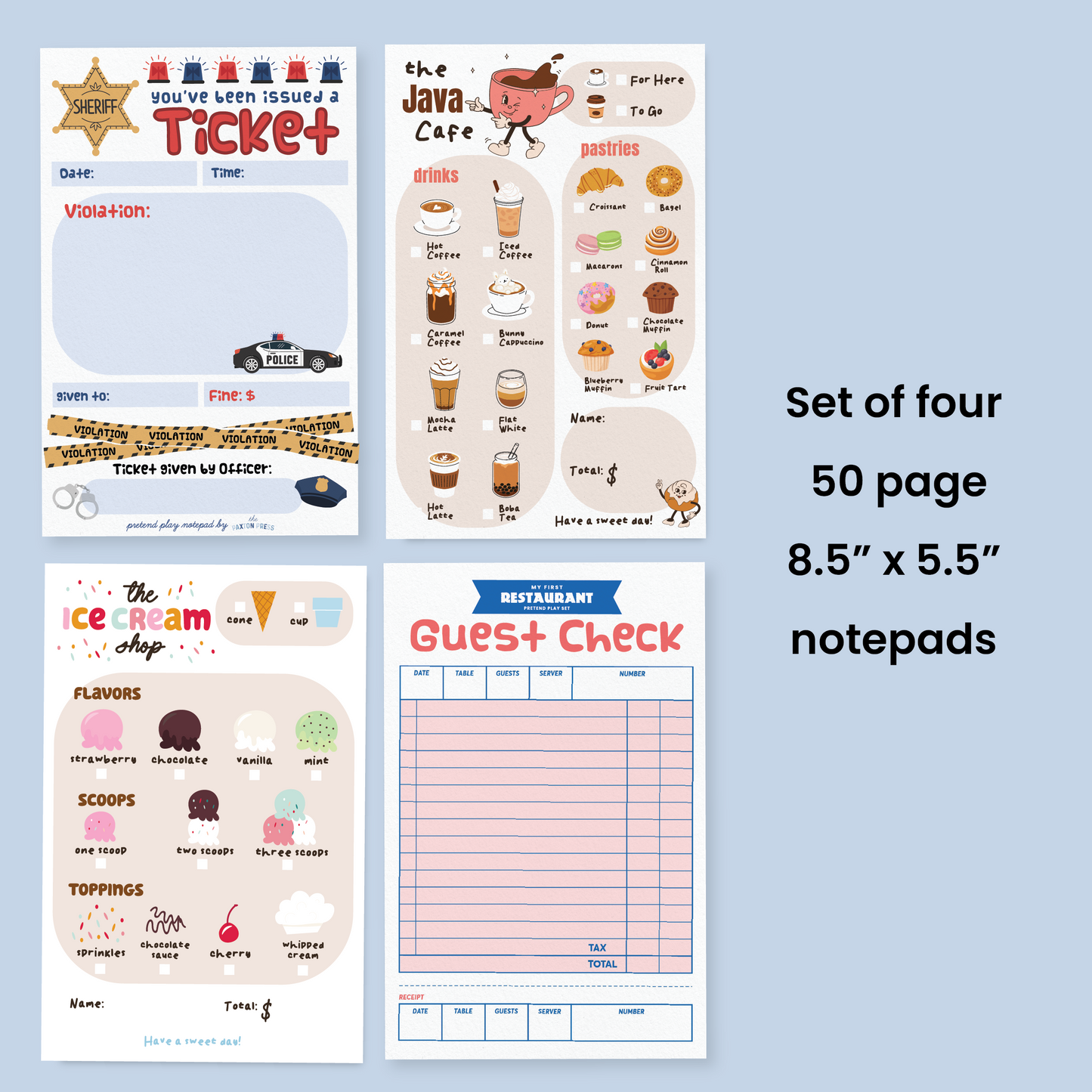 Set of 4 Dramatic Play Notepads