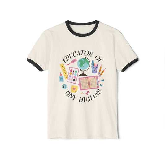 Educator of Tiny Humans Cotton Ringer T-Shirt, Teacher Gift, Classroom Apparel, Back to School Tee