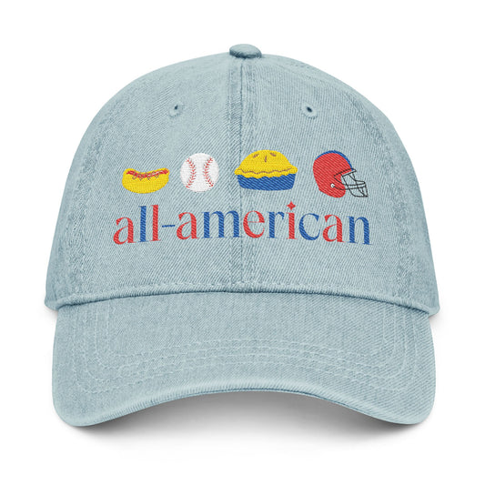 Embroidered Denim Hat - All-American Symbols in Red, White, and Blue