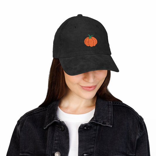 Vintage Corduroy Cap with Embroidered Pumpkin | Fall Fashion, Cozy Headwear, Autumn Accessory, Gift for Pumpkin Lovers, Casual Style