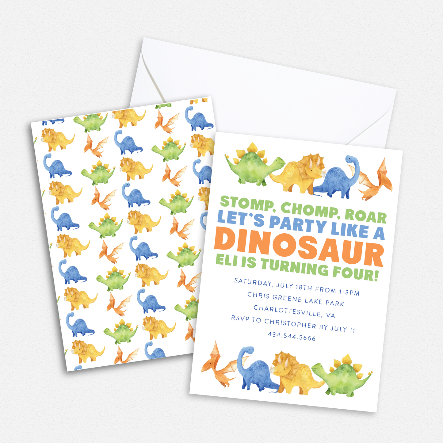 Stomp Roar Dinosaur Birthday Party Invitation - Custom OR Fill-in-the-Blank - Set of 12