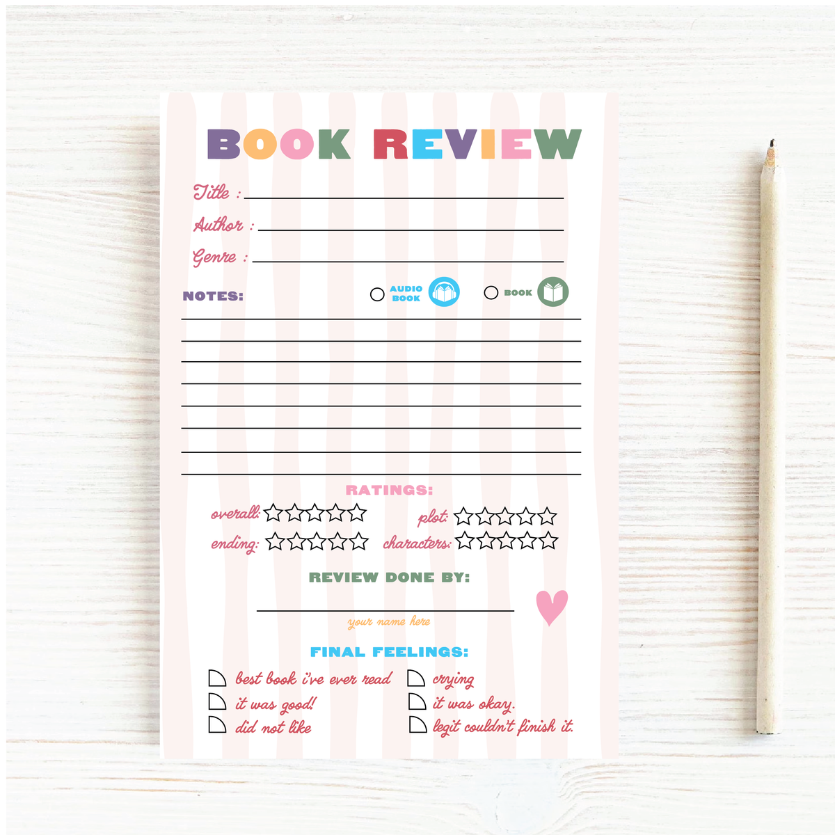 Book Review Notepad - Pink Stripes