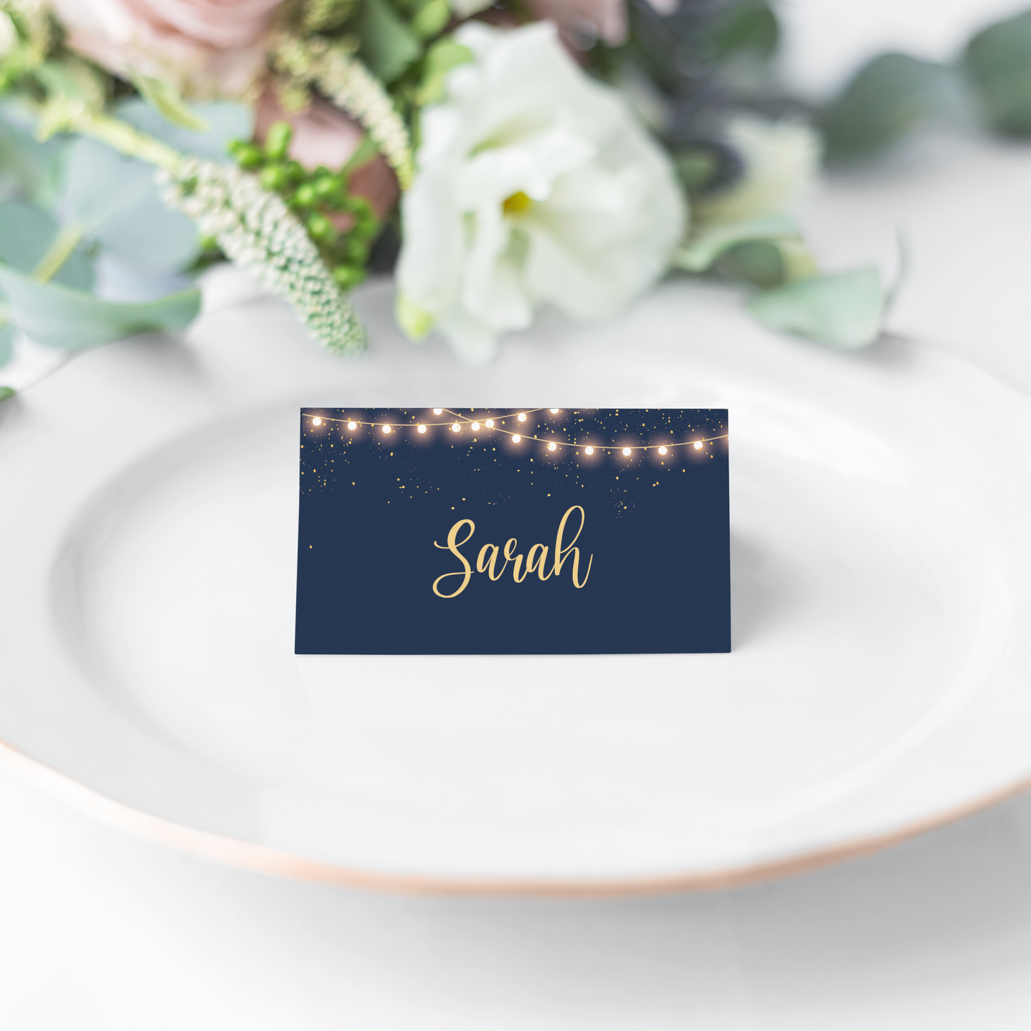 Navy Blue Evening Cafe Lights Place Cards