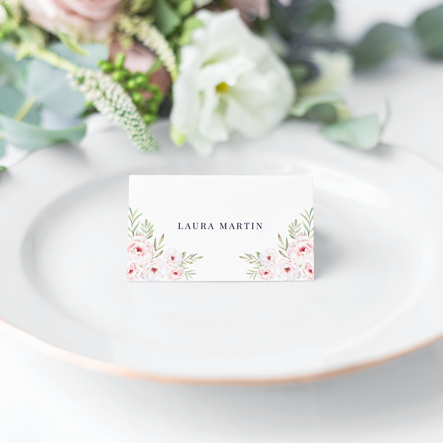 Pink Watercolor Rose & Greenery Place Cards
