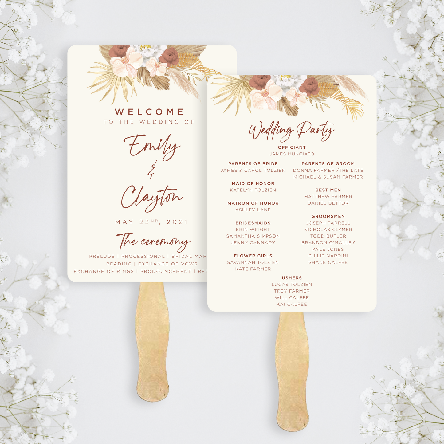 Boho Beach Dried Palms Fan Program - Set of 10
