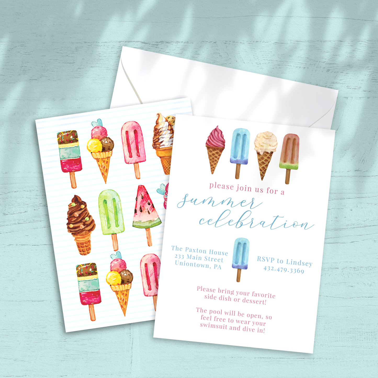 Ice Cream Summer Party Invitation - Custom OR Fill-in-the-Blank - Set of 12