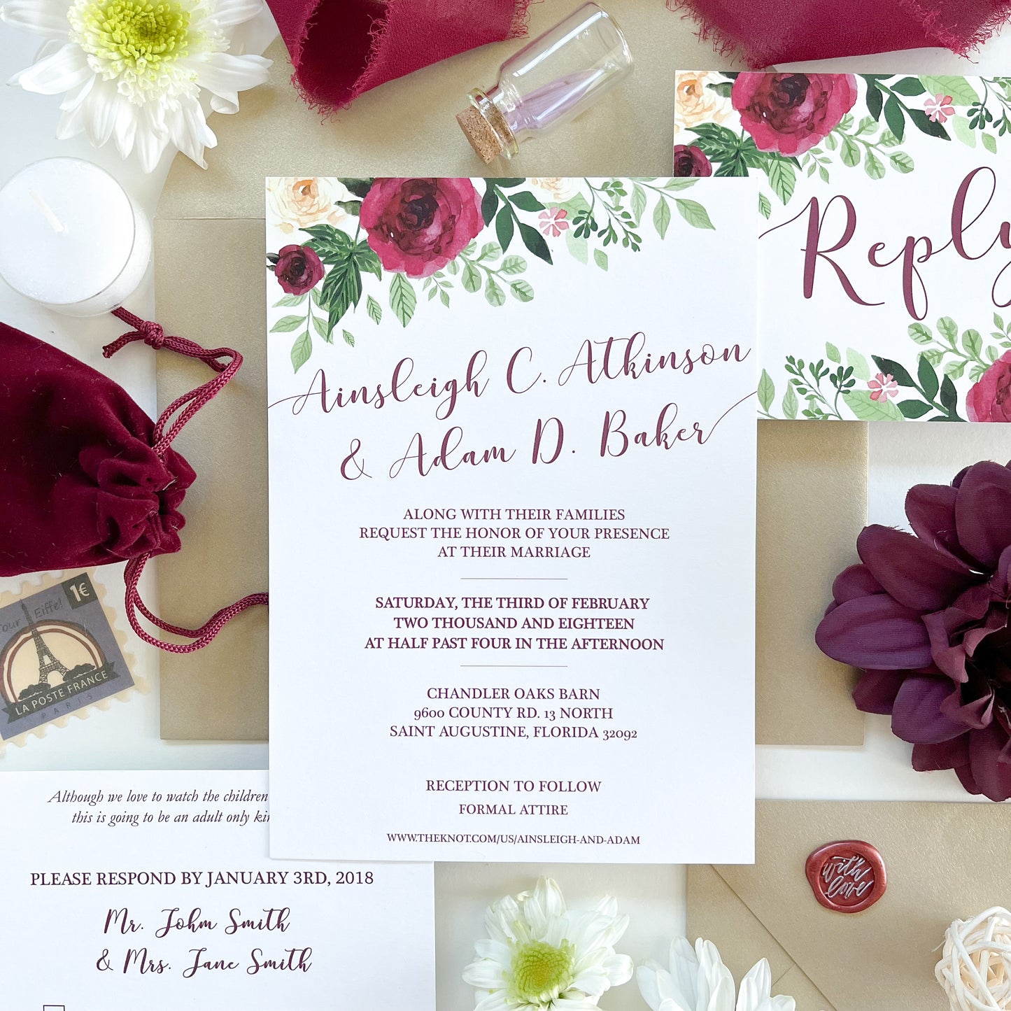 Floral, Gold + Burgundy Wedding Invitation Suite
