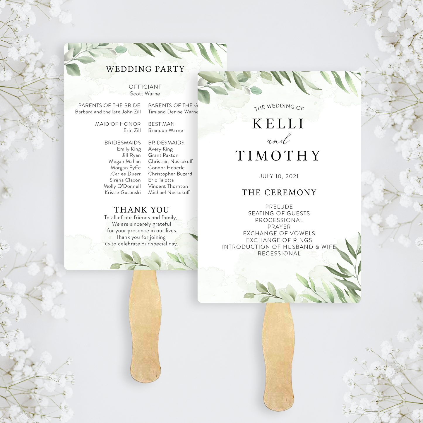 Simple Greenery Wedding Fan Program - Set of 10