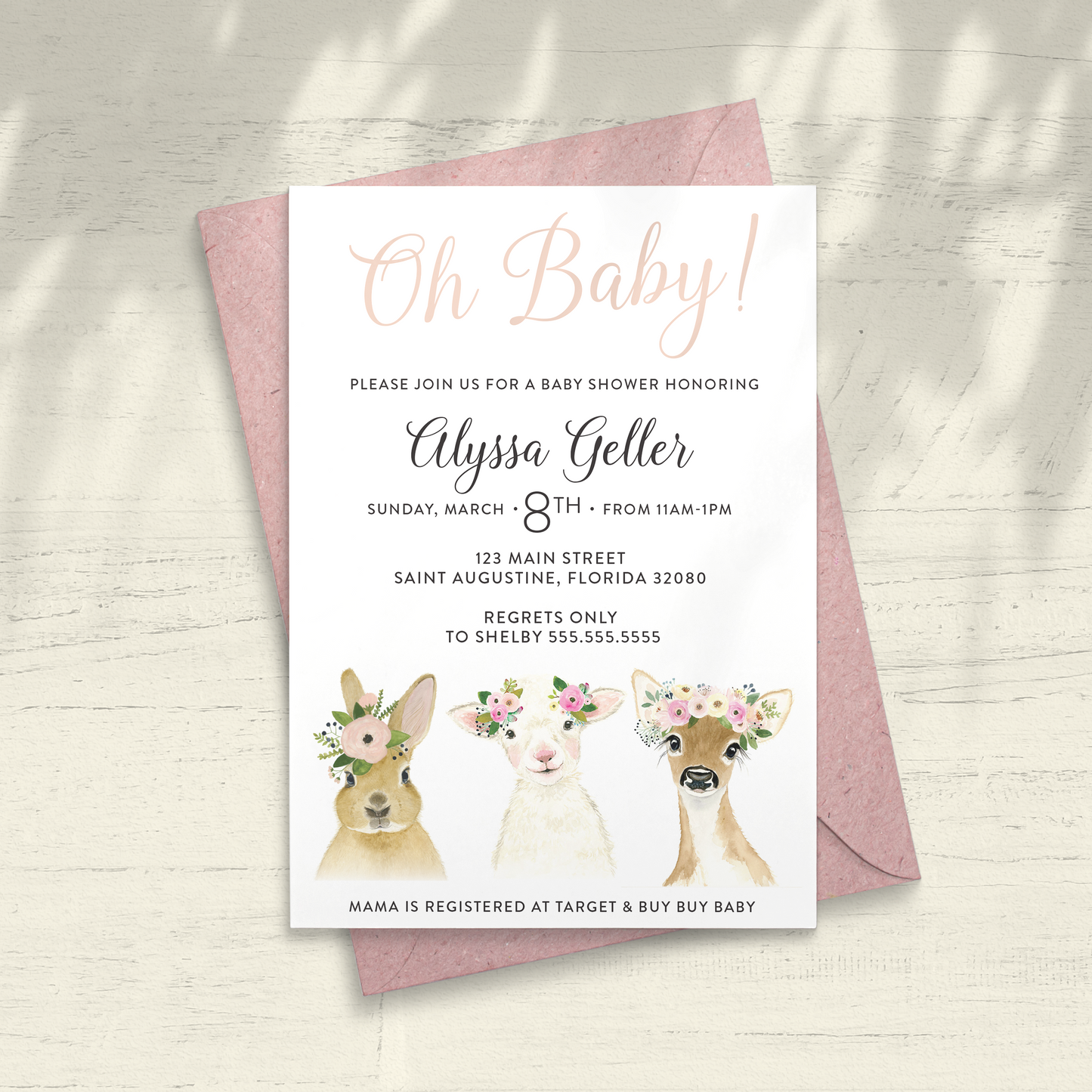Oh Baby! Floral Crown Forest Animals Baby Shower Invitation