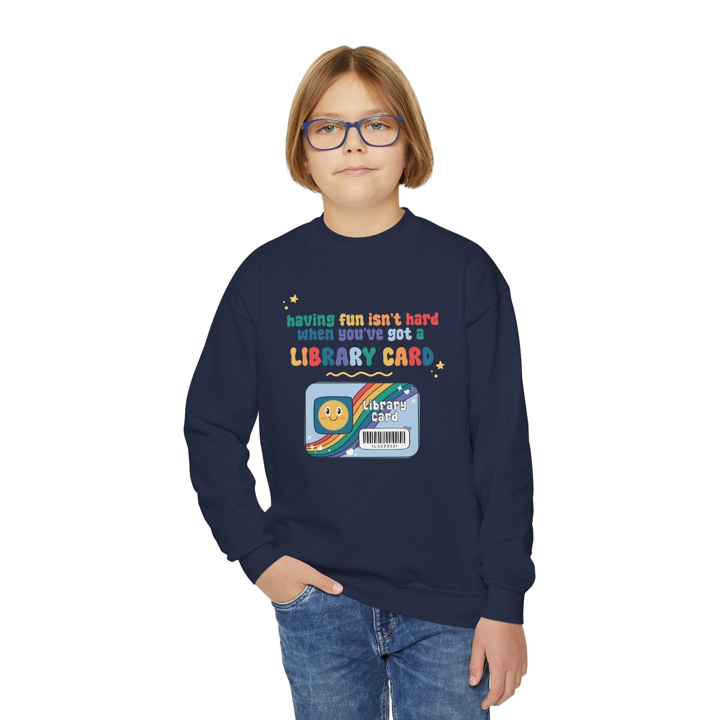 Youth Crewneck Sweatshirt — "Having Fun Isn’t Hard When You’ve Got a Library Card" Retro Library Card Design
