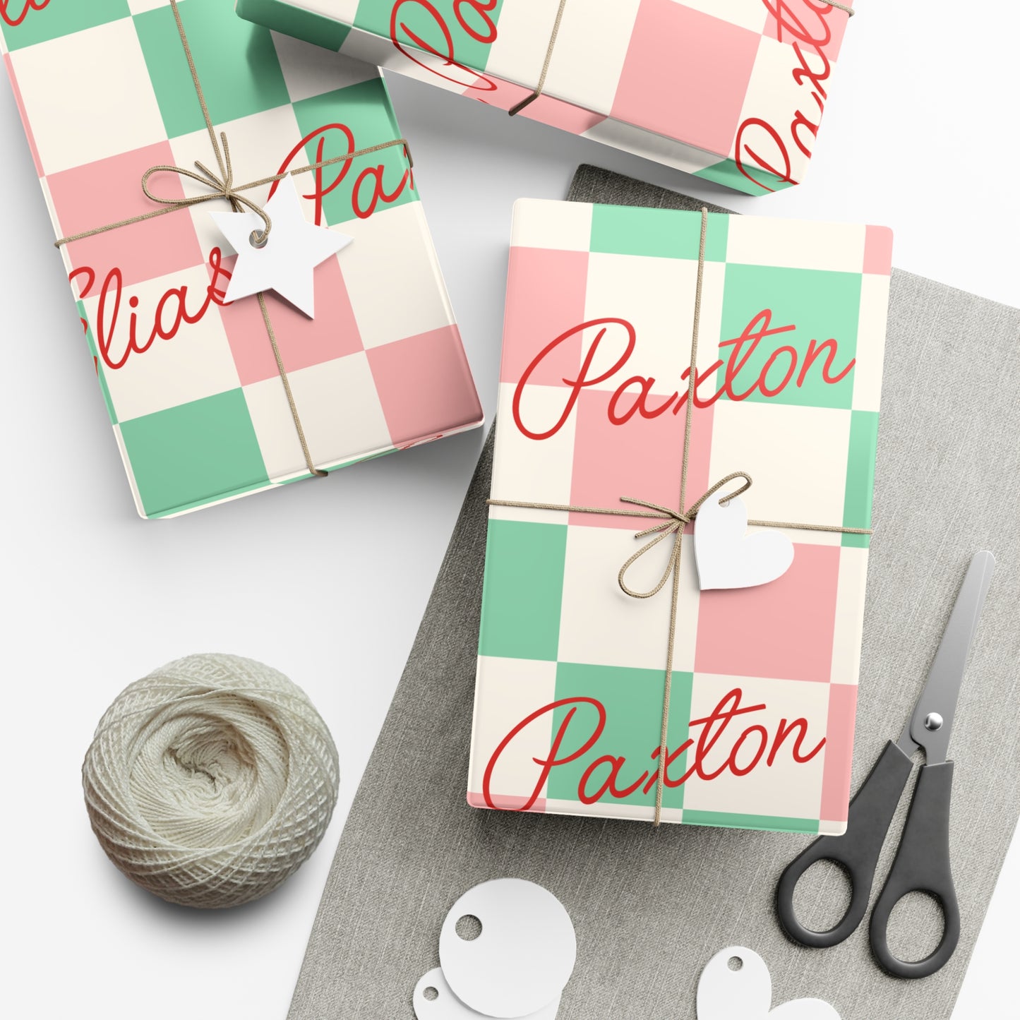 Script Retro Checkered Custom Name Christmas Wrapping Paper