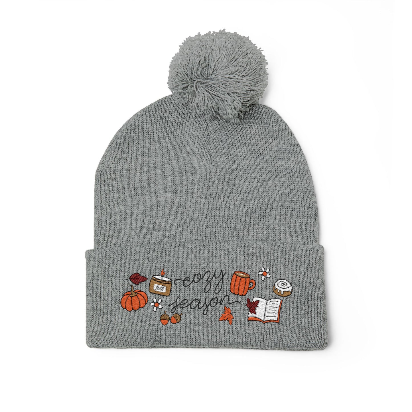 Cozy Season Pom-Pom Knit Cap | Fall Beanie, Embroidered Hat for Autumn Adventures, Perfect Gift for Halloween, Thanksgiving, and Winter