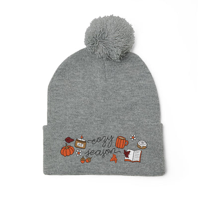 Cozy Season Pom-Pom Knit Cap | Fall Beanie, Embroidered Hat for Autumn Adventures, Perfect Gift for Halloween, Thanksgiving, and Winter