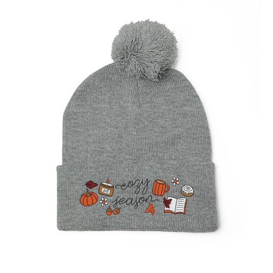Cozy Season Pom-Pom Knit Cap | Fall Beanie, Embroidered Hat for Autumn Adventures, Perfect Gift for Halloween, Thanksgiving, and Winter