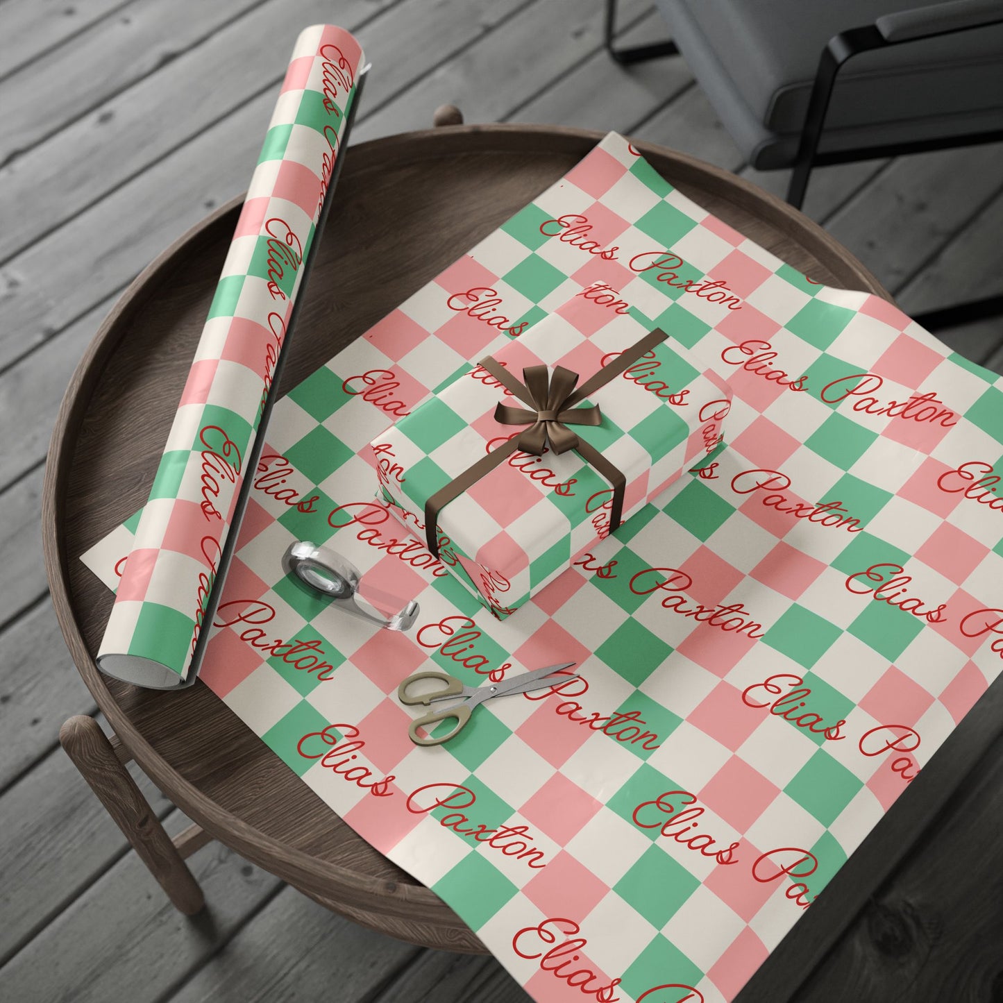 Checkerboard Custom Name Christmas Wrapping Paper