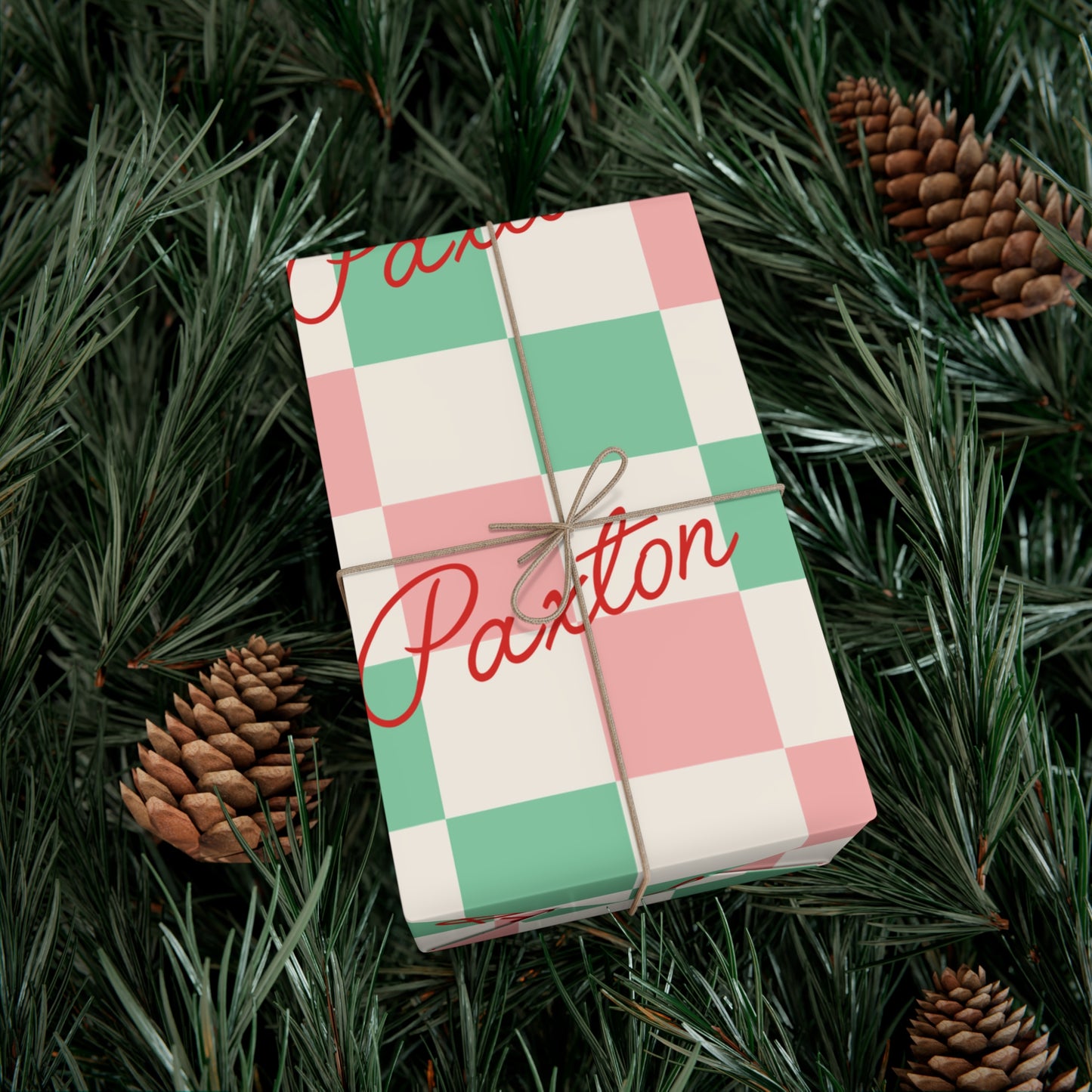 Script Retro Checkered Custom Name Christmas Wrapping Paper