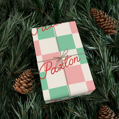 Script Retro Checkered Custom Name Christmas Wrapping Paper
