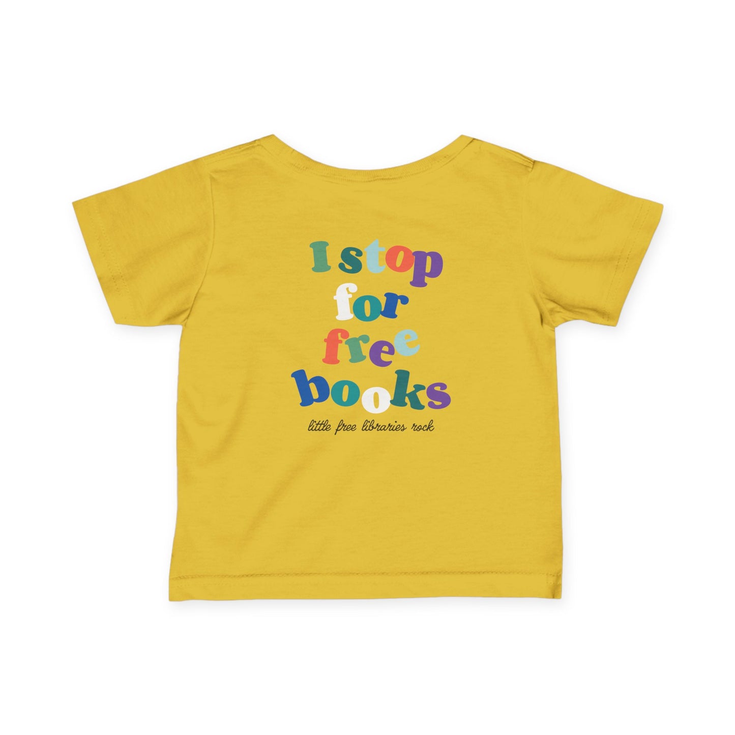 Infant Tee — "I Stop for Free Books" Colorful Bookmobile Graphic Baby Shirt