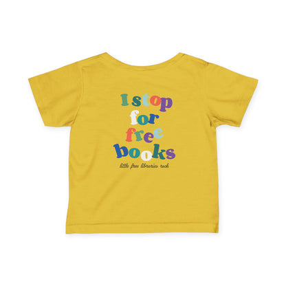 Infant Tee — "I Stop for Free Books" Colorful Bookmobile Graphic Baby Shirt