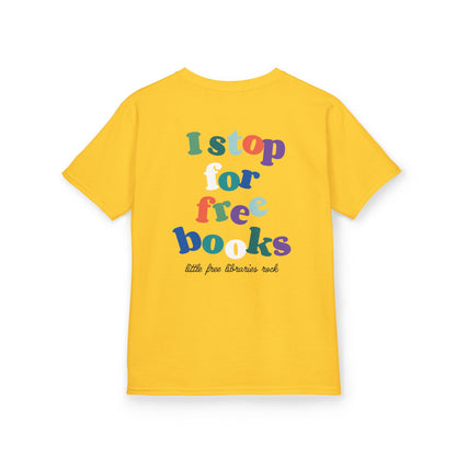 Kids T‑Shirt — "I Stop for Free Books" Colorful Library Lover Tee