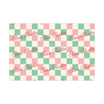Script Retro Checkered Custom Name Christmas Wrapping Paper