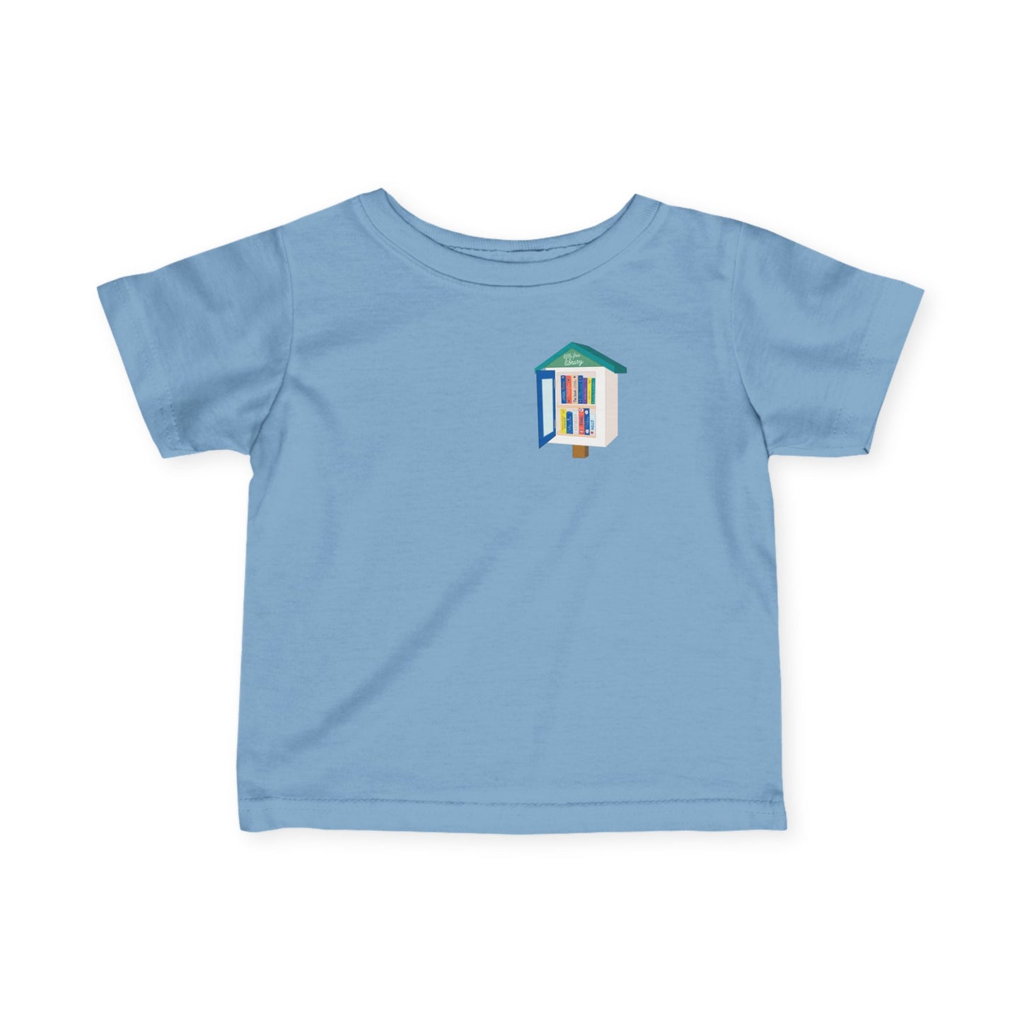 Infant Tee — "I Stop for Free Books" Colorful Bookmobile Graphic Baby Shirt