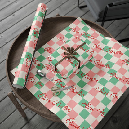 Checkerboard Custom Name Christmas Wrapping Paper