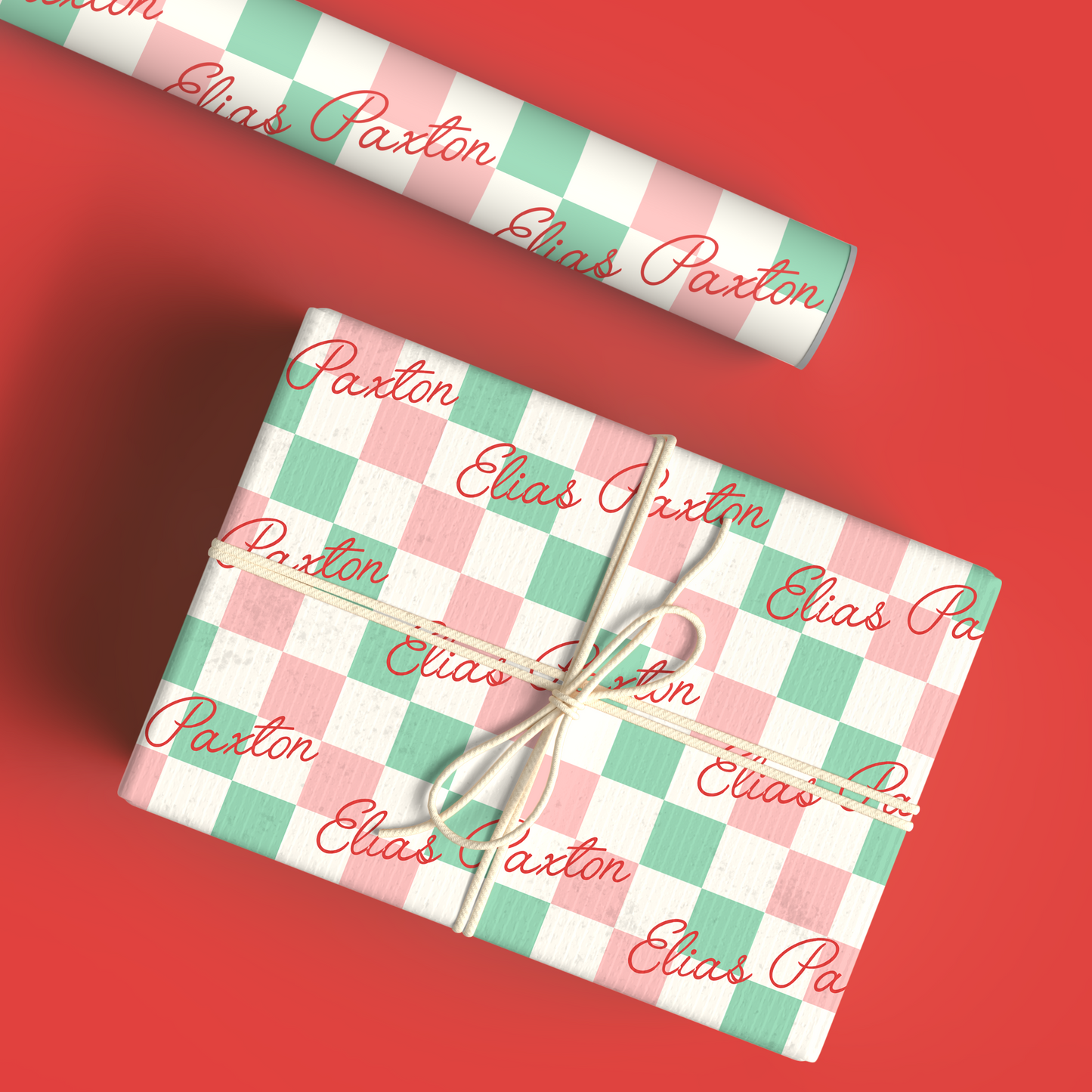 Script Retro Checkered Custom Name Christmas Wrapping Paper