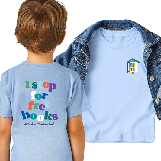 Kids T‑Shirt — "I Stop for Free Books" Colorful Library Lover Tee