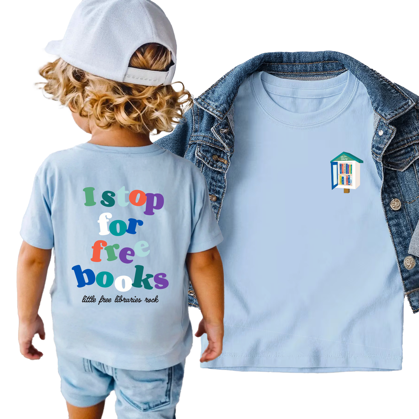 Infant Tee — "I Stop for Free Books" Colorful Bookmobile Graphic Baby Shirt