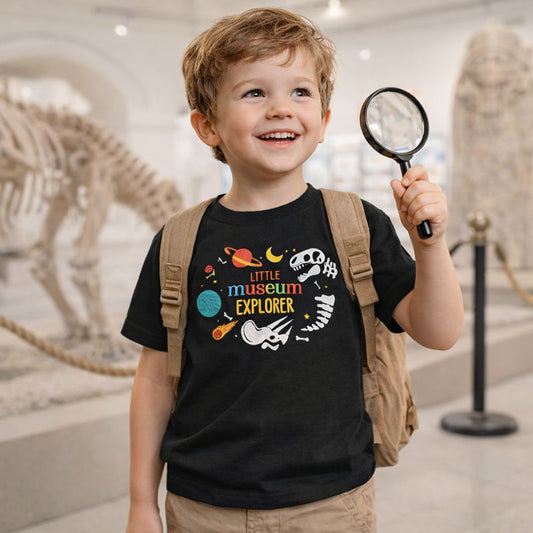 Kids Tee - "Little Museum Explorer" Dinosaur & Space Fossil Graphic