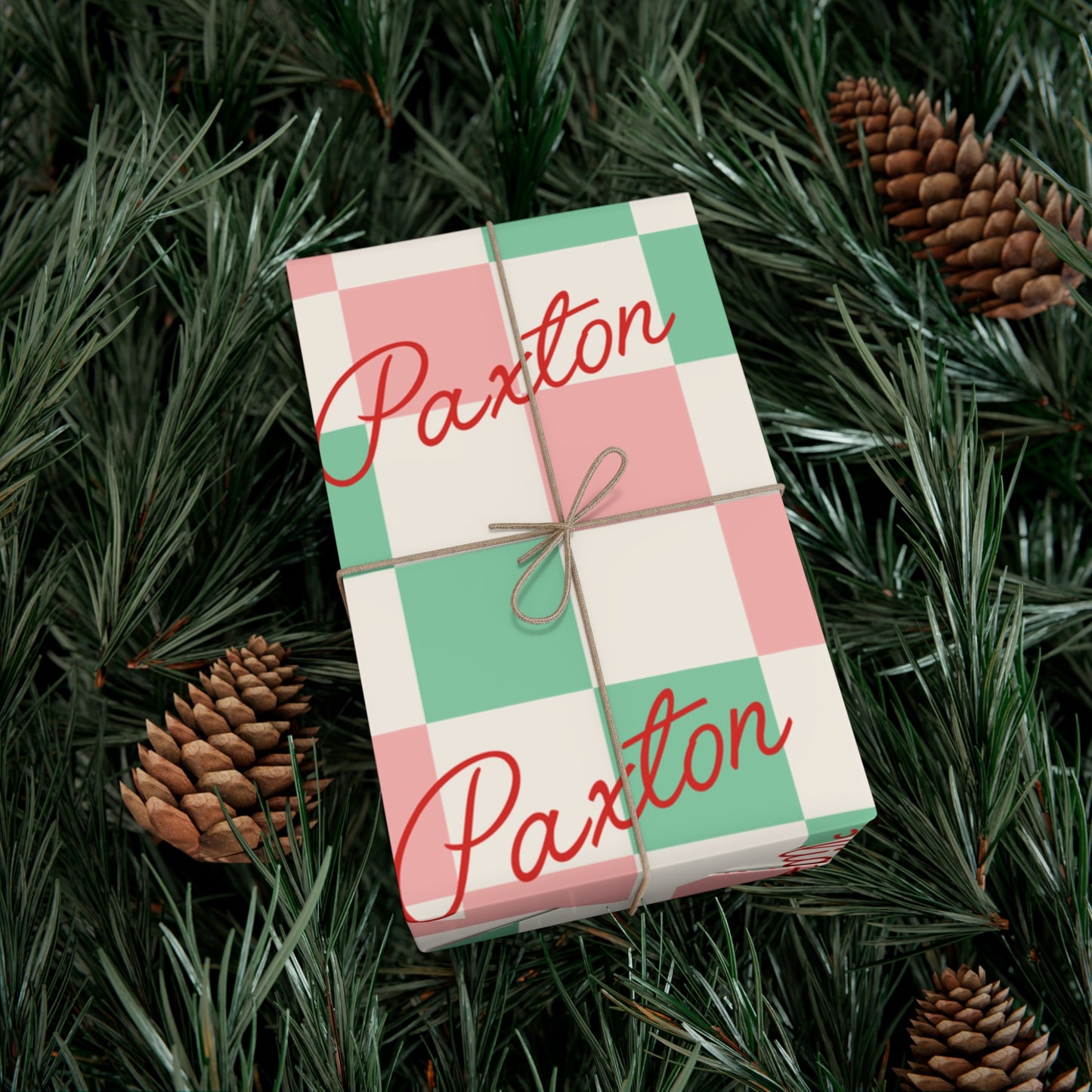 Script Retro Checkered Custom Name Christmas Wrapping Paper