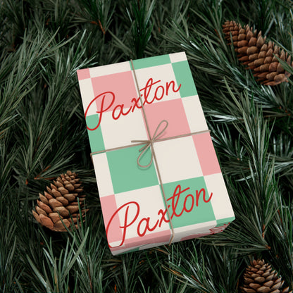 Script Retro Checkered Custom Name Christmas Wrapping Paper