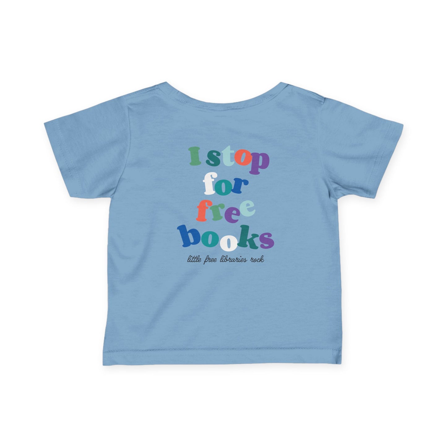 Infant Tee — "I Stop for Free Books" Colorful Bookmobile Graphic Baby Shirt