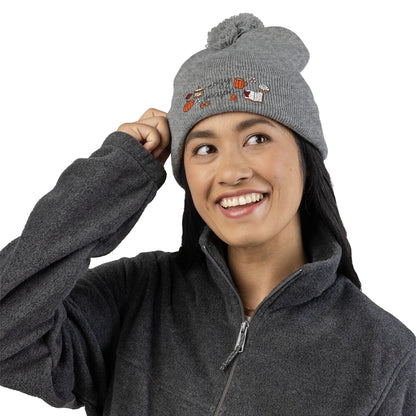 Cozy Season Pom-Pom Knit Cap | Fall Beanie, Embroidered Hat for Autumn Adventures, Perfect Gift for Halloween, Thanksgiving, and Winter