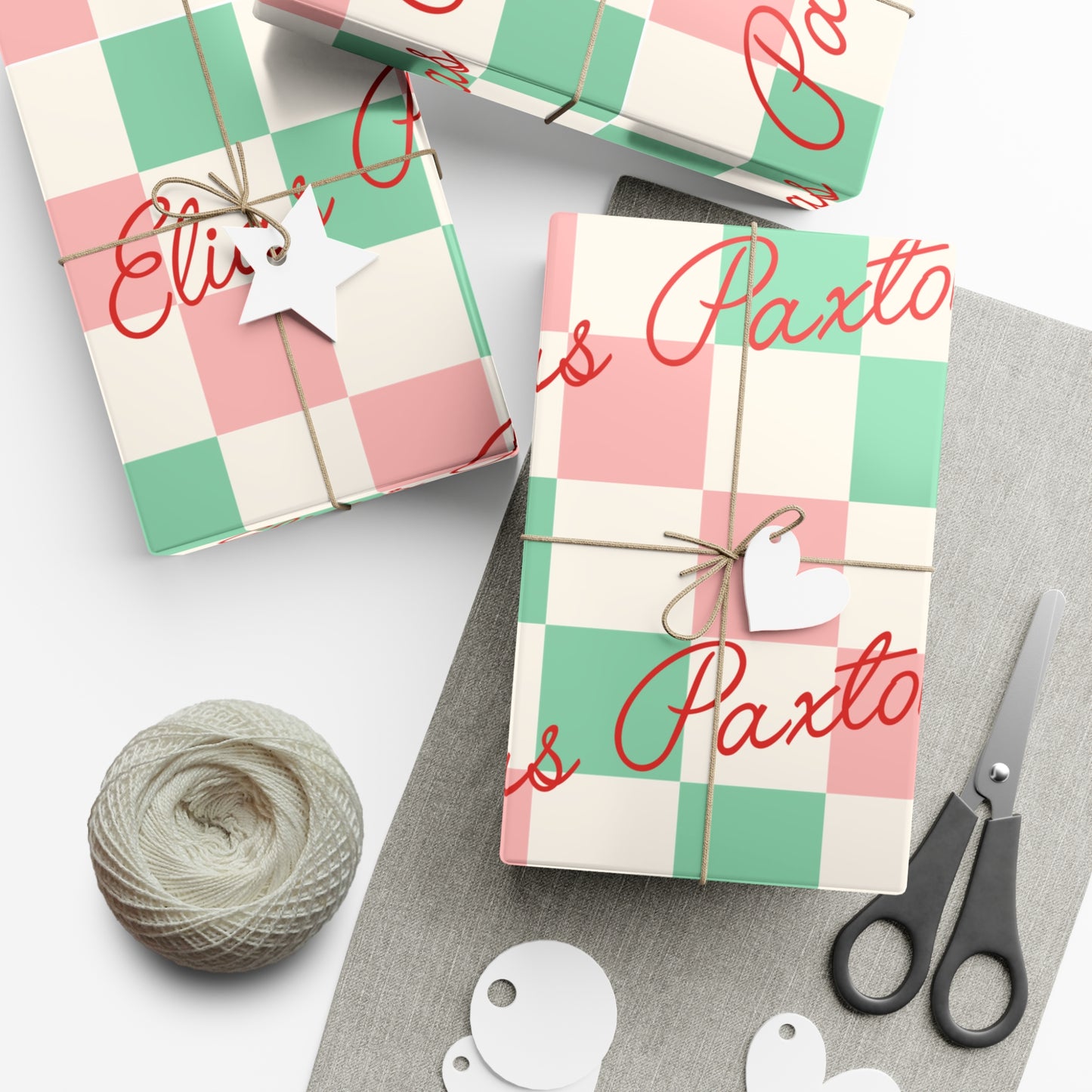Script Retro Checkered Custom Name Christmas Wrapping Paper
