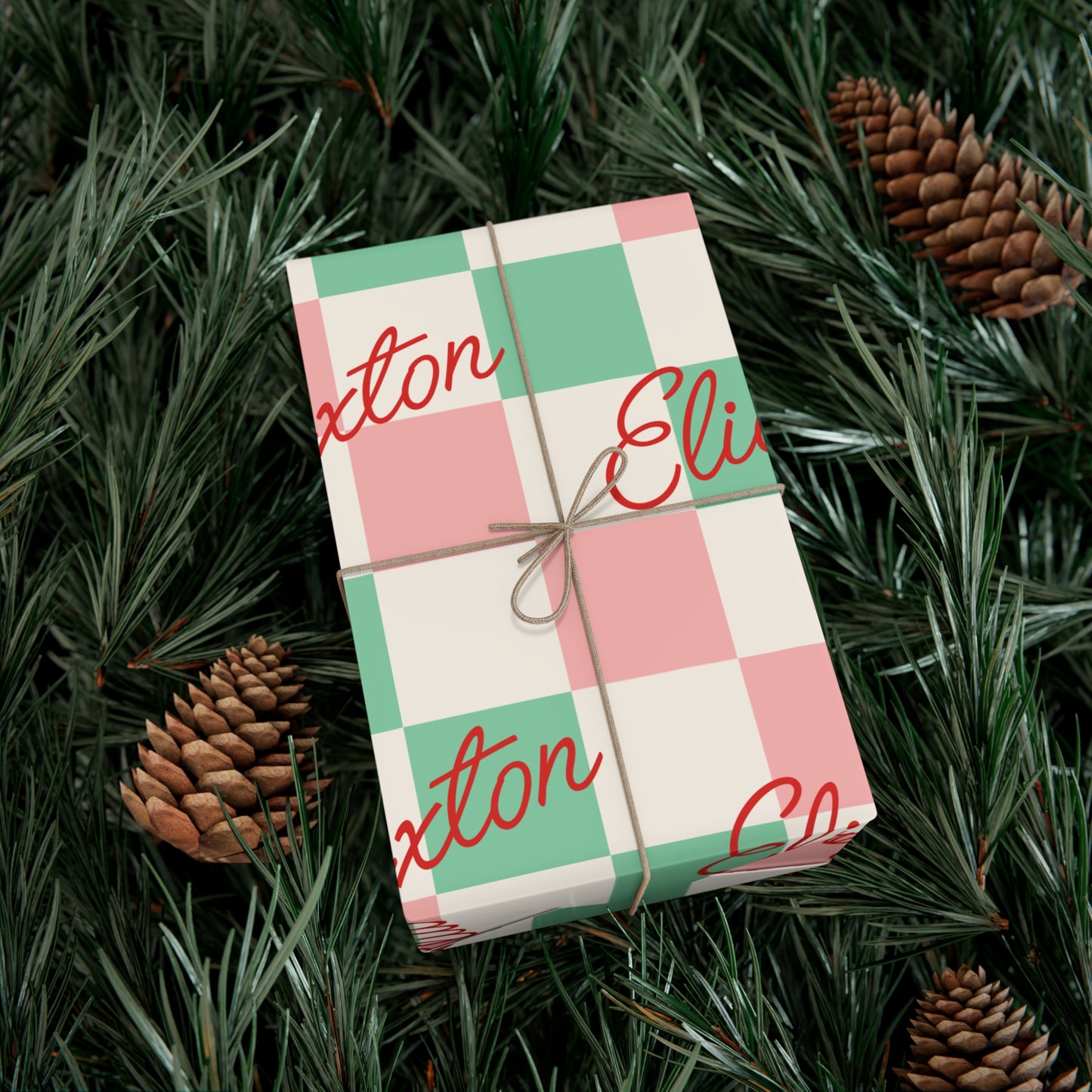 Script Retro Checkered Custom Name Christmas Wrapping Paper