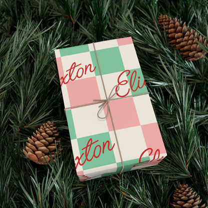 Script Retro Checkered Custom Name Christmas Wrapping Paper