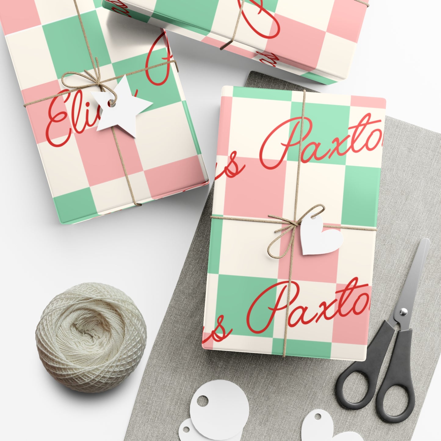 Script Retro Checkered Custom Name Christmas Wrapping Paper