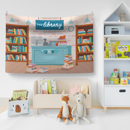 Cozy Library Pretend Play Backdrop