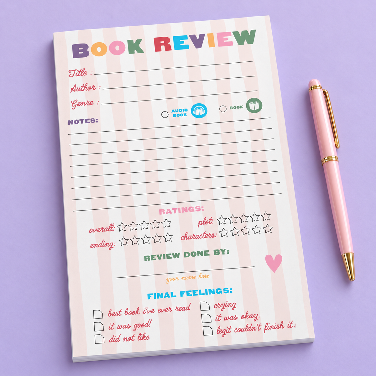Book Review Notepad - Pink Stripes