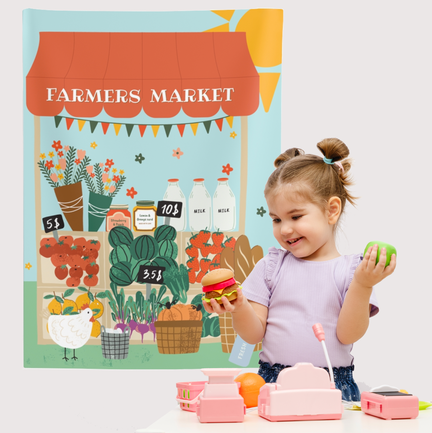 Pretend Play Farmer's Market Backdrop for Kids – Dramatic Play Scene 36" x 26"
