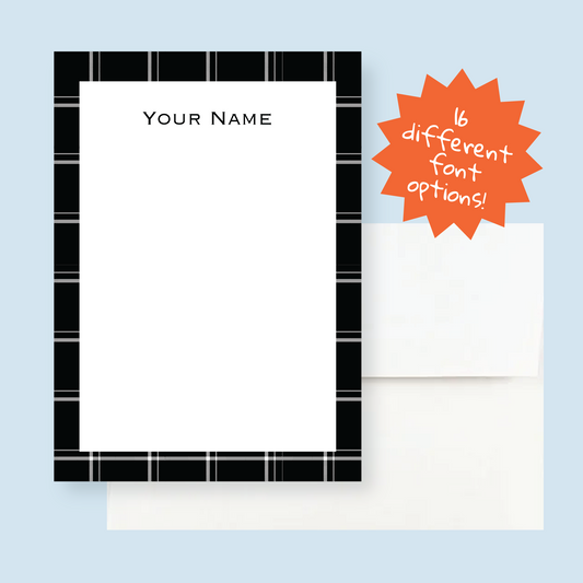 Custom Writing Stationery Set of 12 - Black Plaid Personalized Stationery with Envelopes