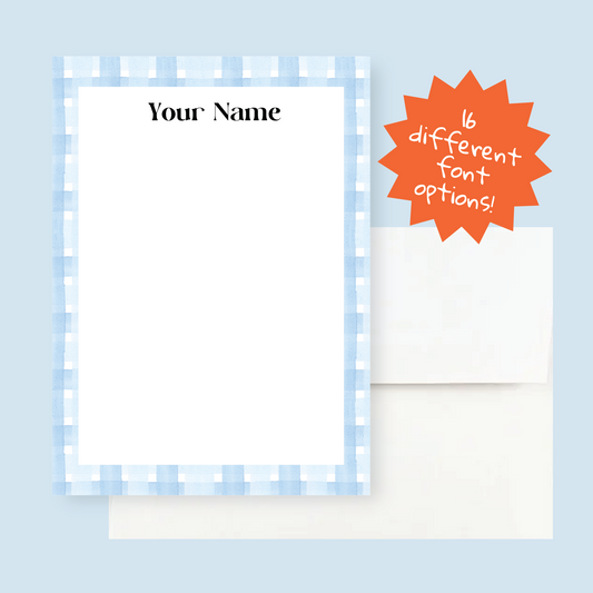Custom Writing Stationery Set of 12 - Blue Gingham Personalized Stationery with Envelopes