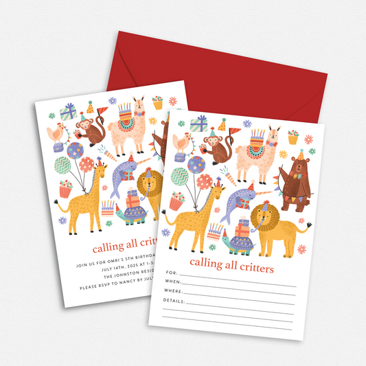 Calling All Critters Birthday Party Invitation -  Custom OR Fill-in-the-Blank - Set of 12