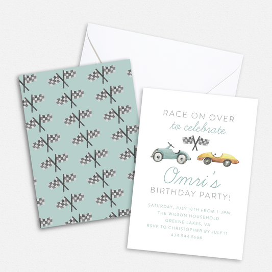Vintage Race Car Birthday Party Invitation - Set of 12