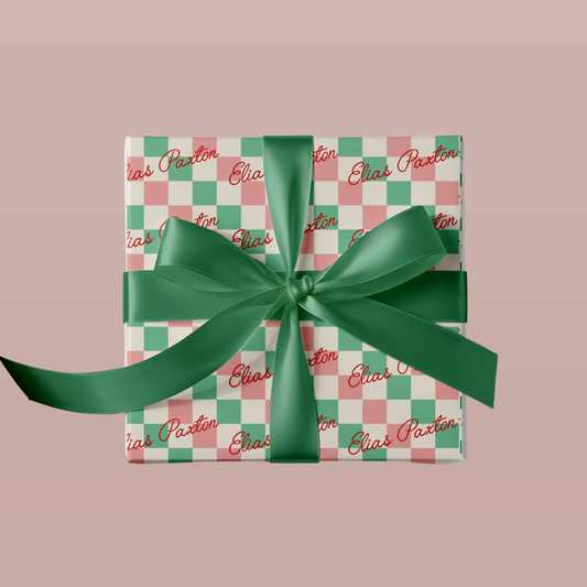 Script Retro Checkered Custom Name Christmas Wrapping Paper