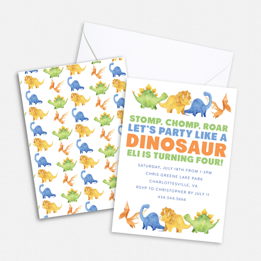 Stomp Roar Dinosaur Birthday Party Invitation - Custom OR Fill-in-the-Blank - Set of 12