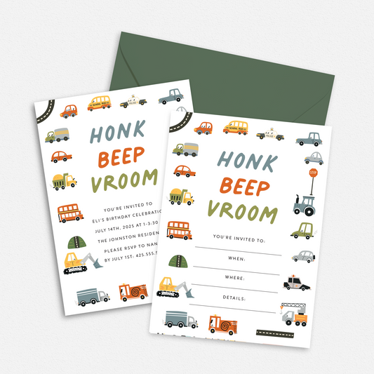 Honk Beep Vroom Birthday Party Invitation - Custom OR Fill-in-the-Blank - Set of 24