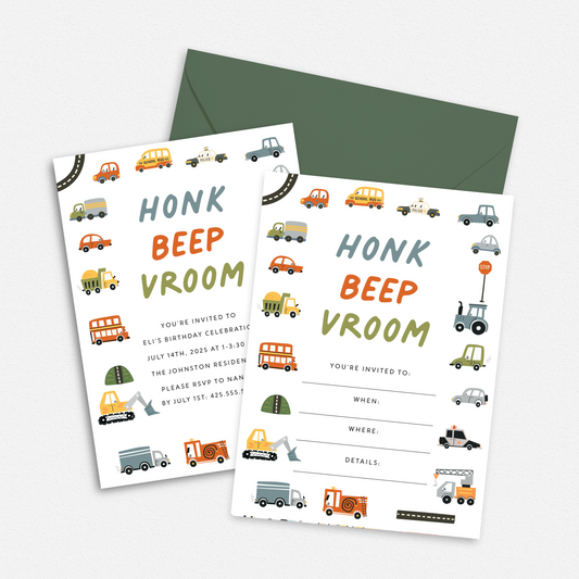 Honk Beep Vroom Birthday Party Invitation - Custom OR Fill-in-the-Blank - Set of 12